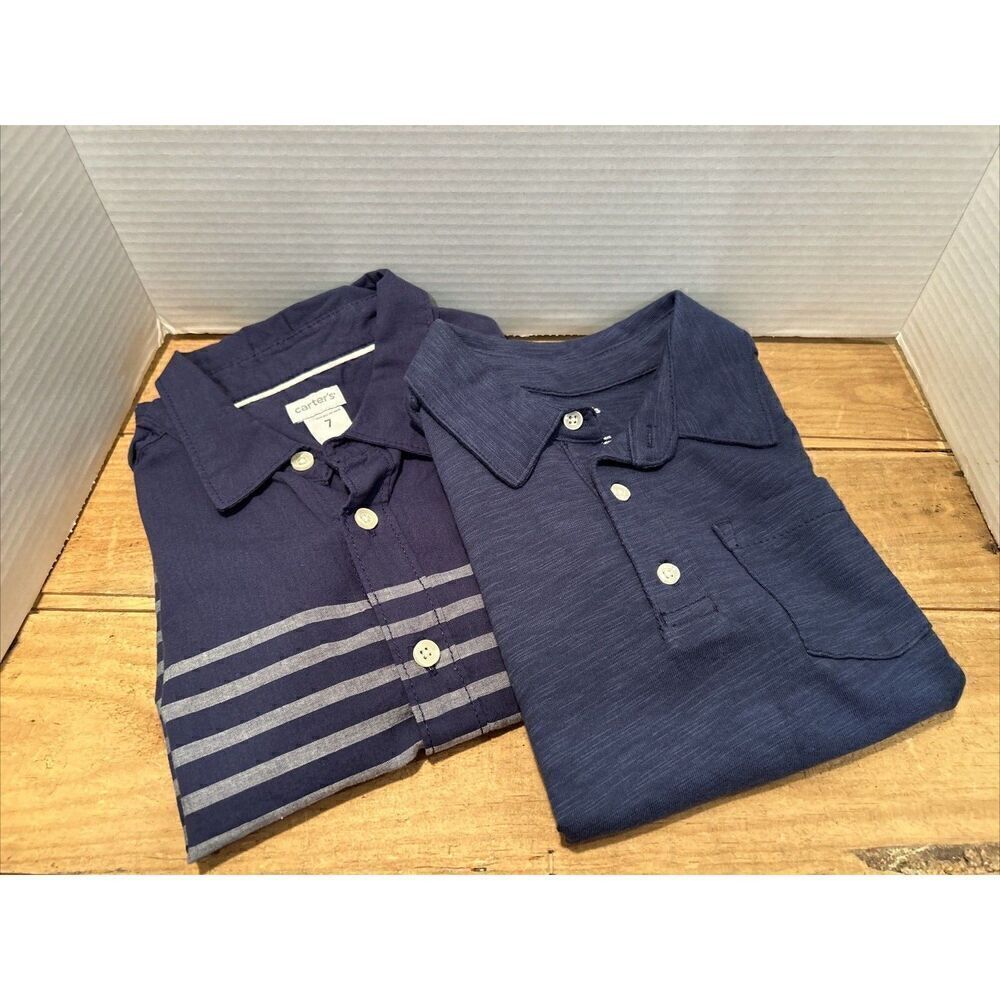CARTER’S Kid Blue Striped and Solid Short Sleeved Button Front Shirt Boys Size 7